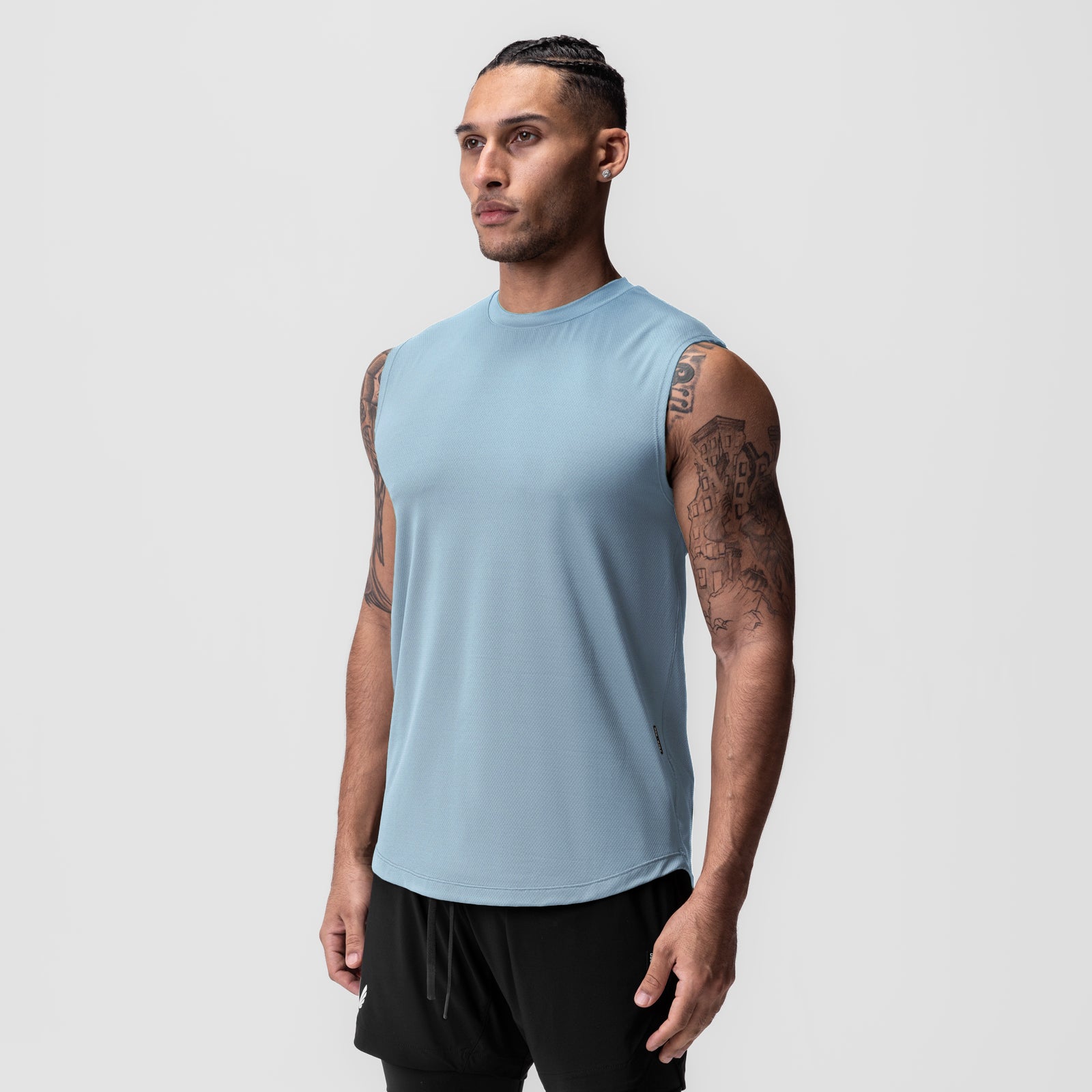 AeroSilver® Cutoff Tank in light sky blue, modeled on male figure, front view