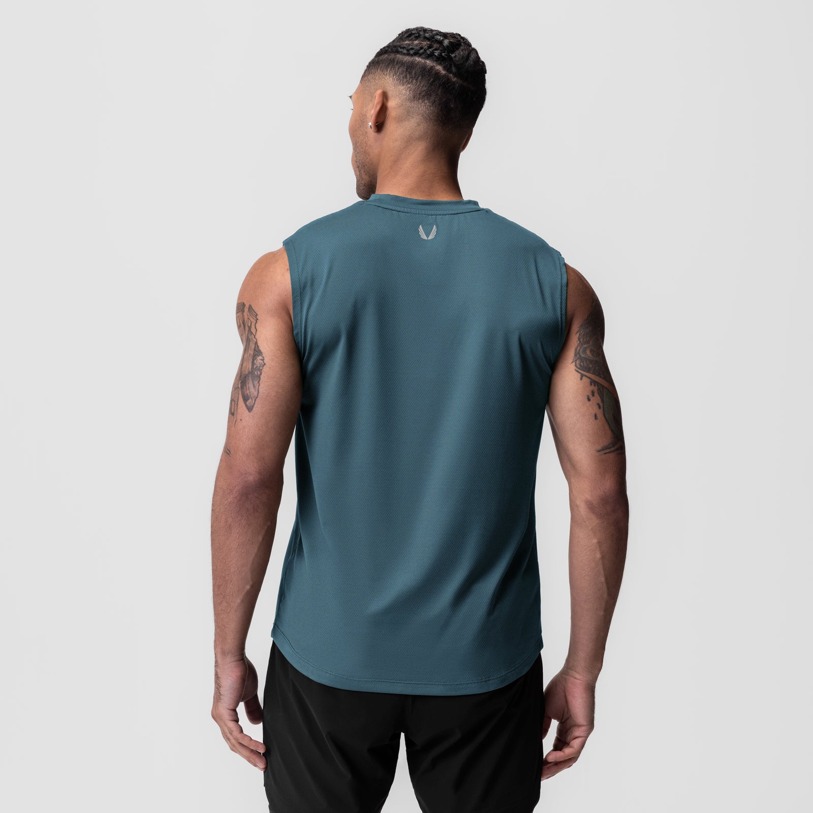 AeroSilver Cutoff Tank in storm blue, back view on model