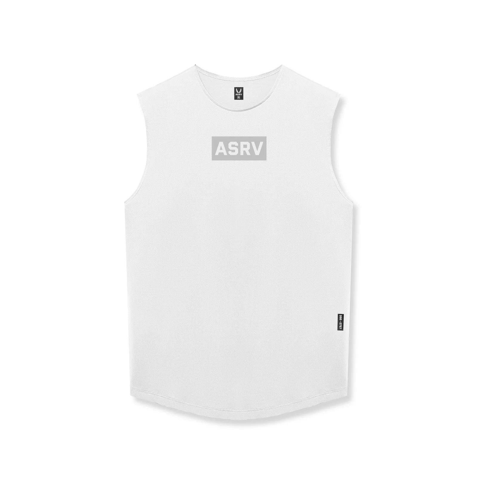 flatlay AeroSilver Cutoff Tank in white with ASRV box logo, front view