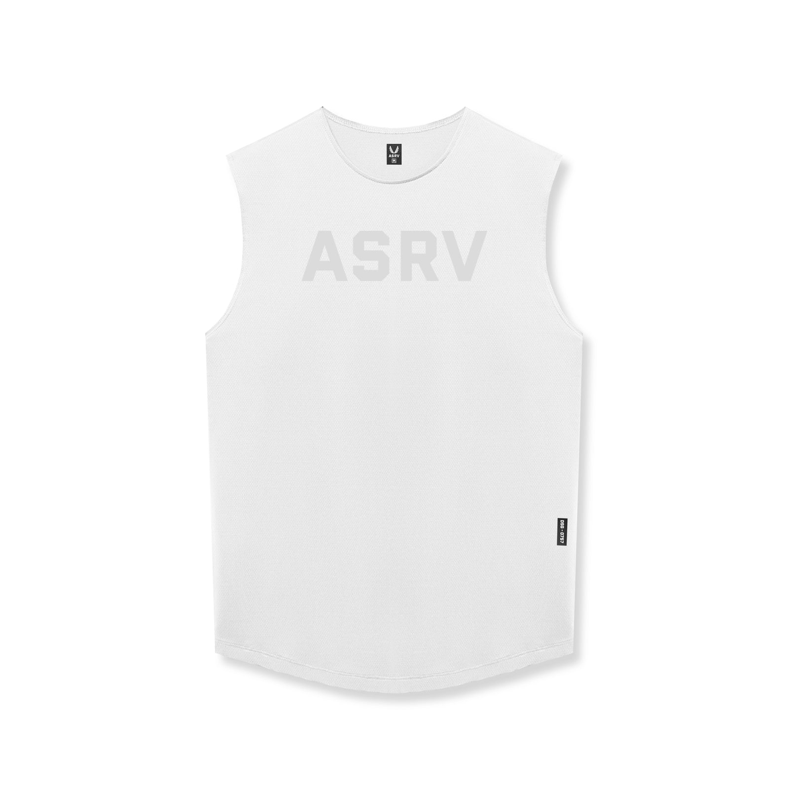 flatlay AeroSilver Cutoff Tank in white with ASRV logo, front view