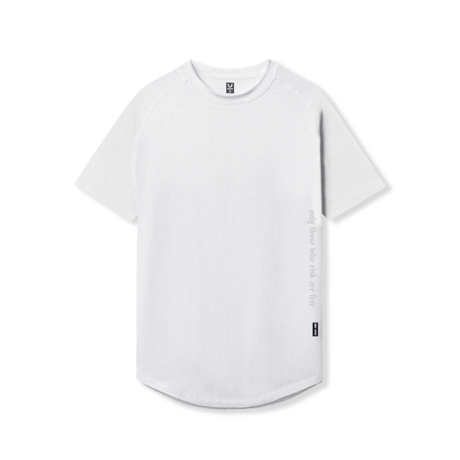 flatlay white Supima Established Tee with side text detail, front view