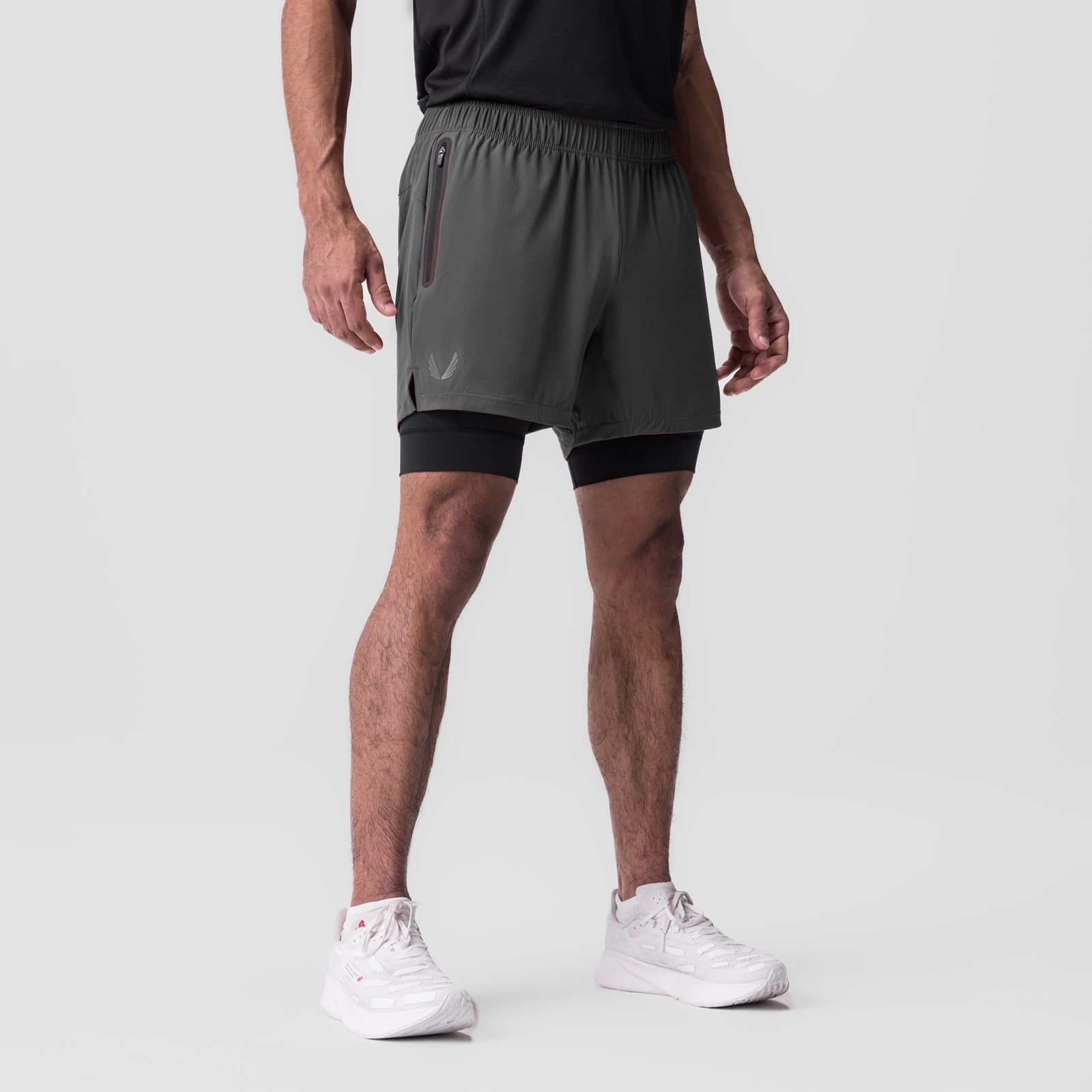Ultralite 6" Liner Short in Raven/Black worn by male model, front view