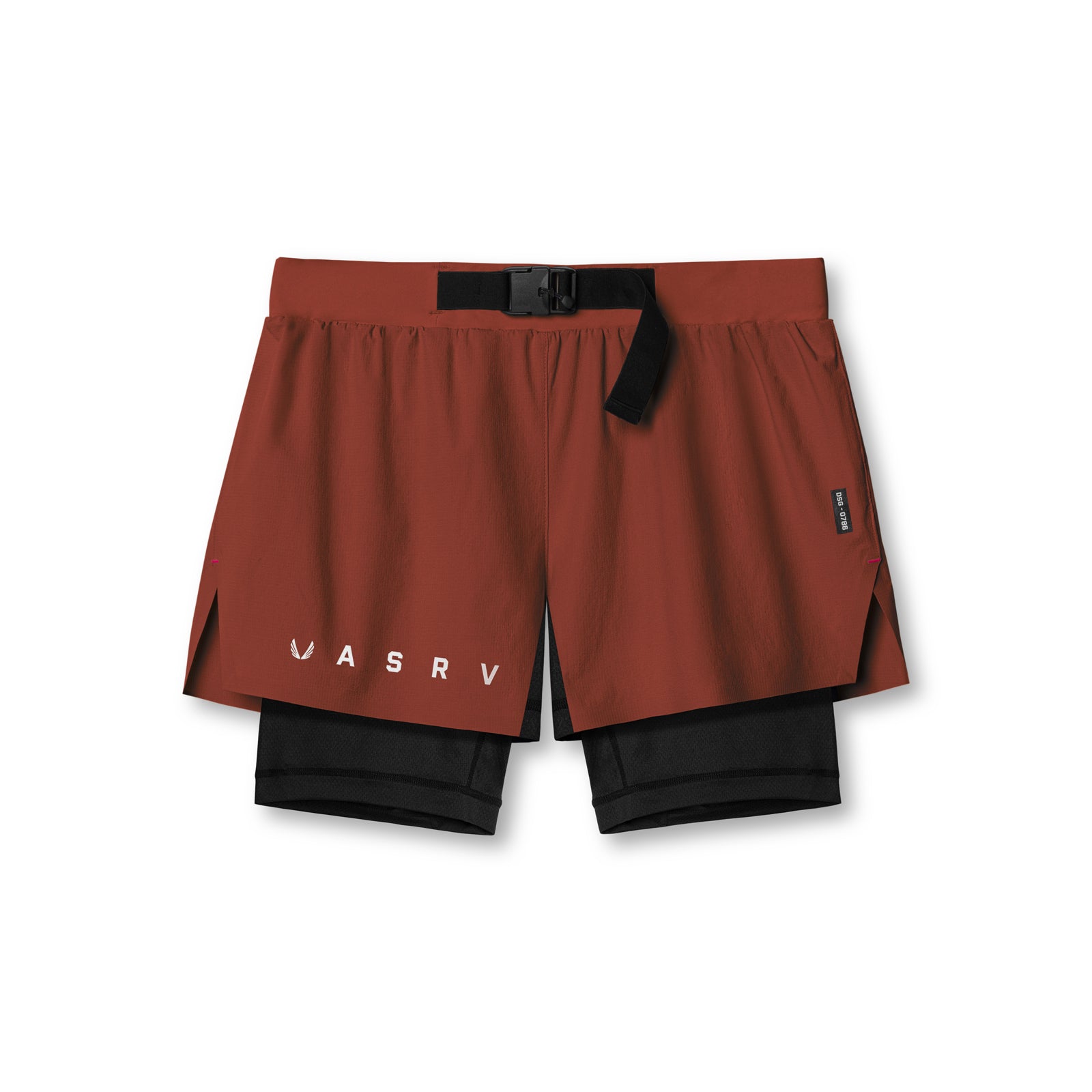 flatlay Ripstop 3" Belt Pack Short in brick red and black, front view