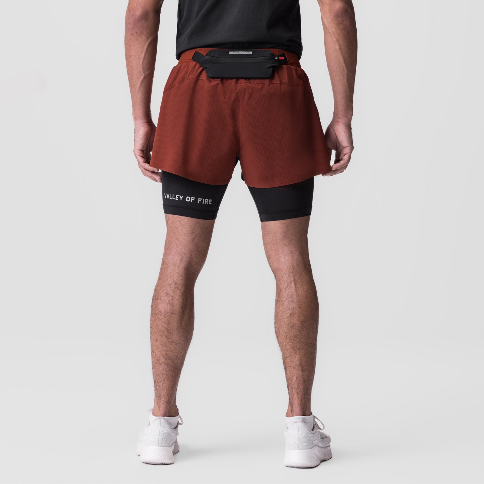 Ripstop 3" Belt Pack Short in brick red and black, back view on model