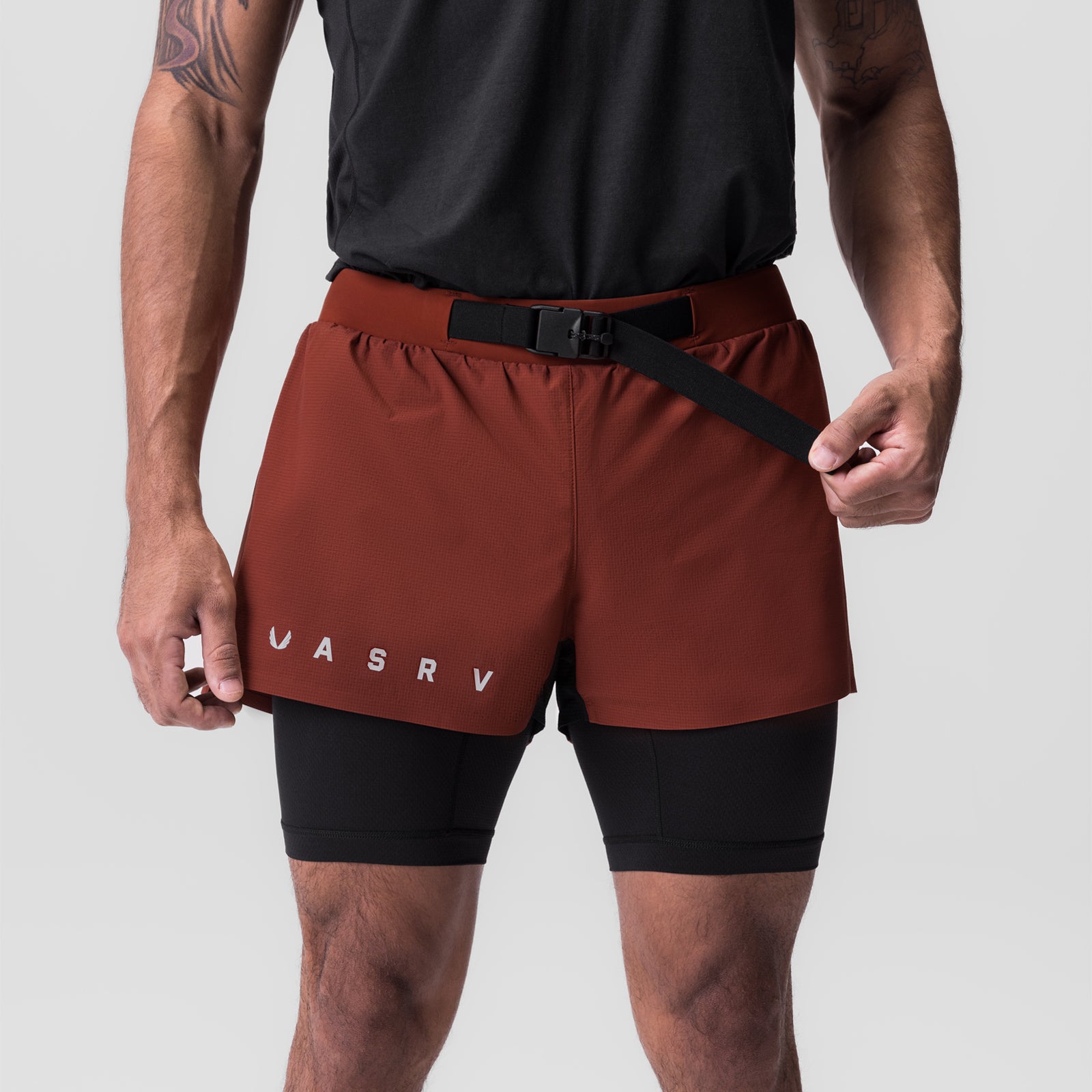 Ripstop 3" Belt Pack Short in brick red and black, worn by model front view