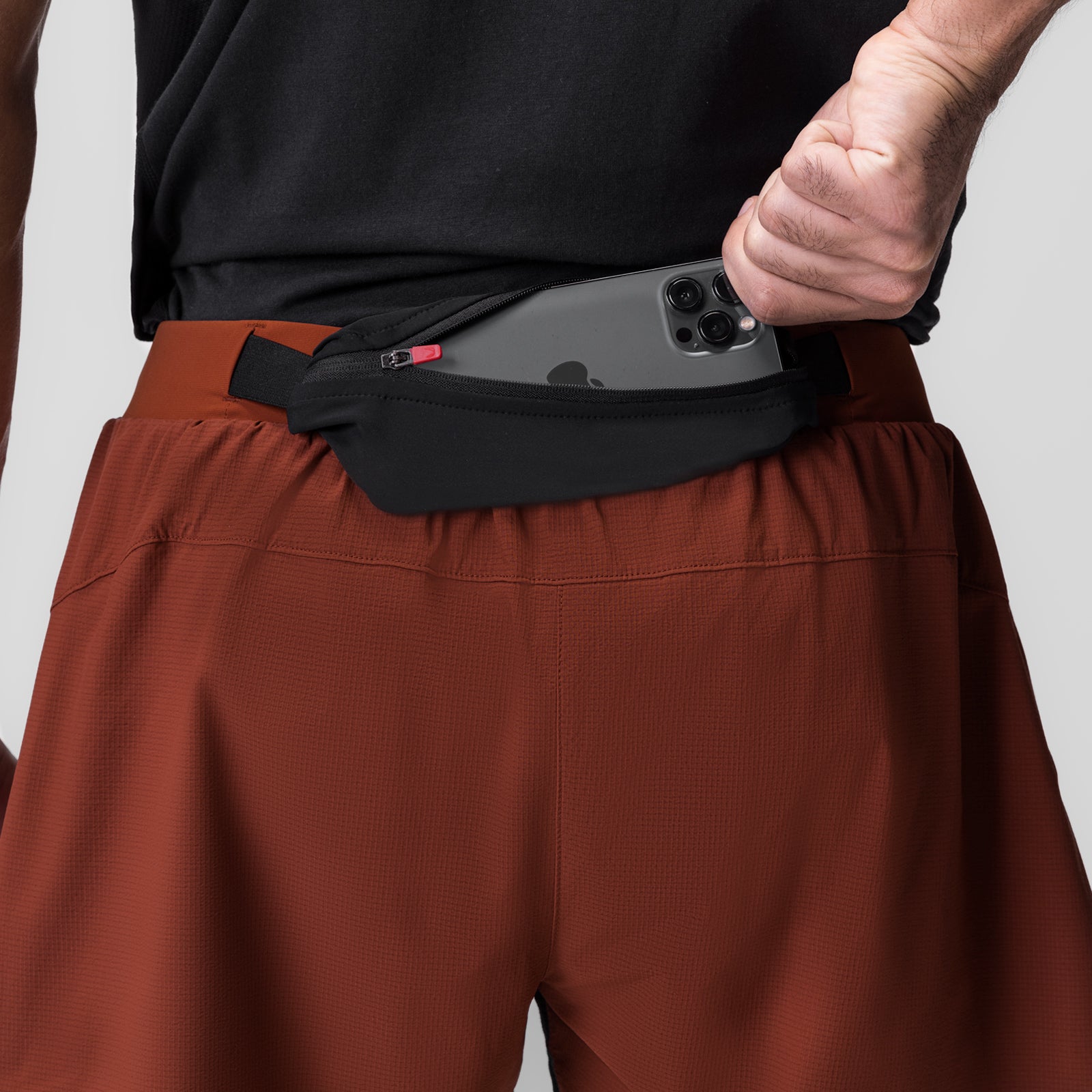 Ripstop 3" Belt Pack Short in brick red, worn with matching belt pack, front view