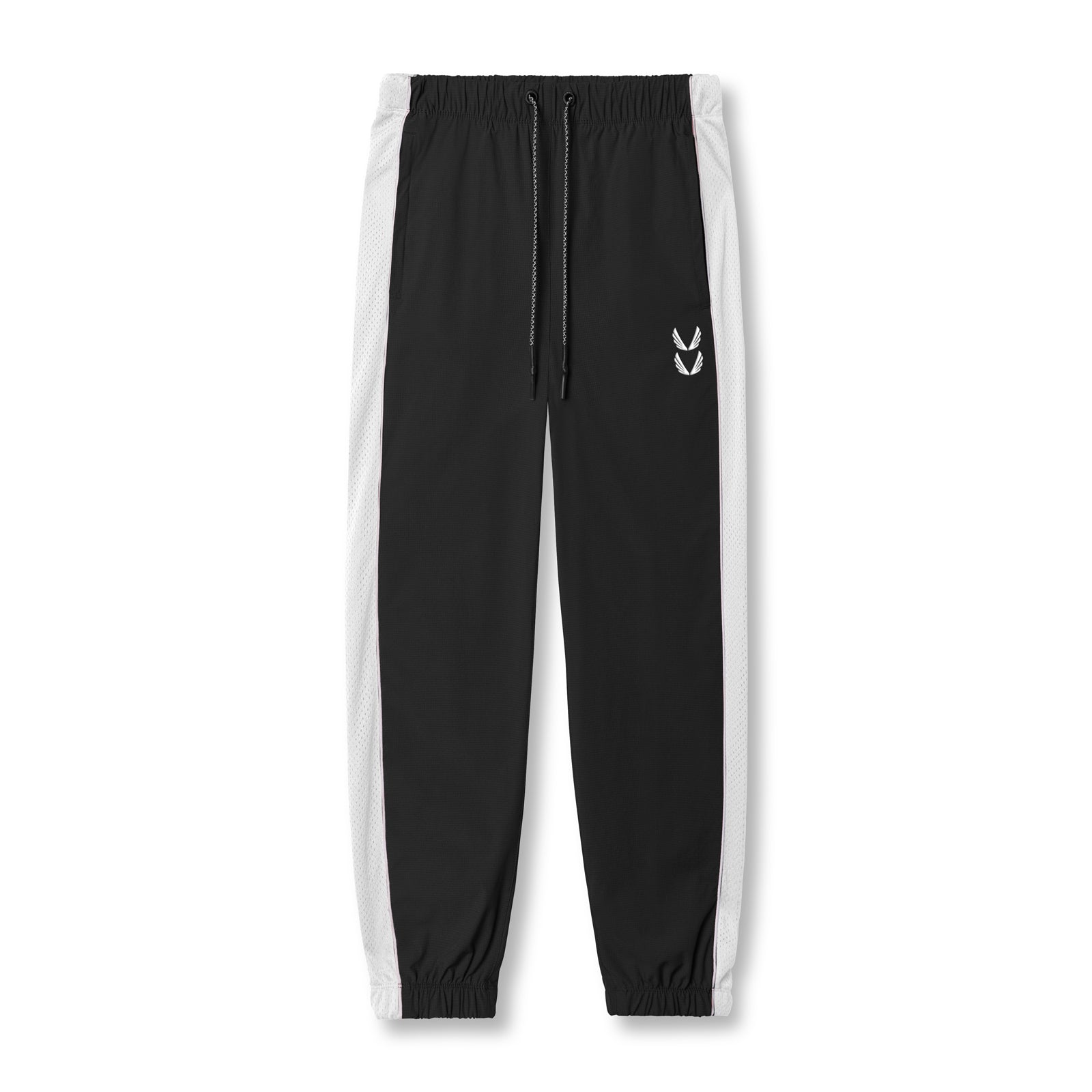 Flatlay of black and white ripstop oversized track pant with side stripe detail, front view