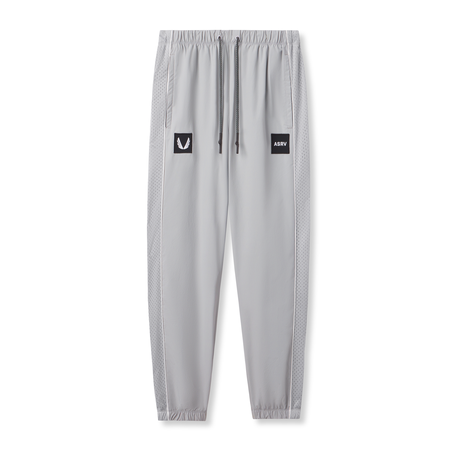 Flatlay of Ripstop Oversized Track Pant in slate grey with ASRV patches, front view