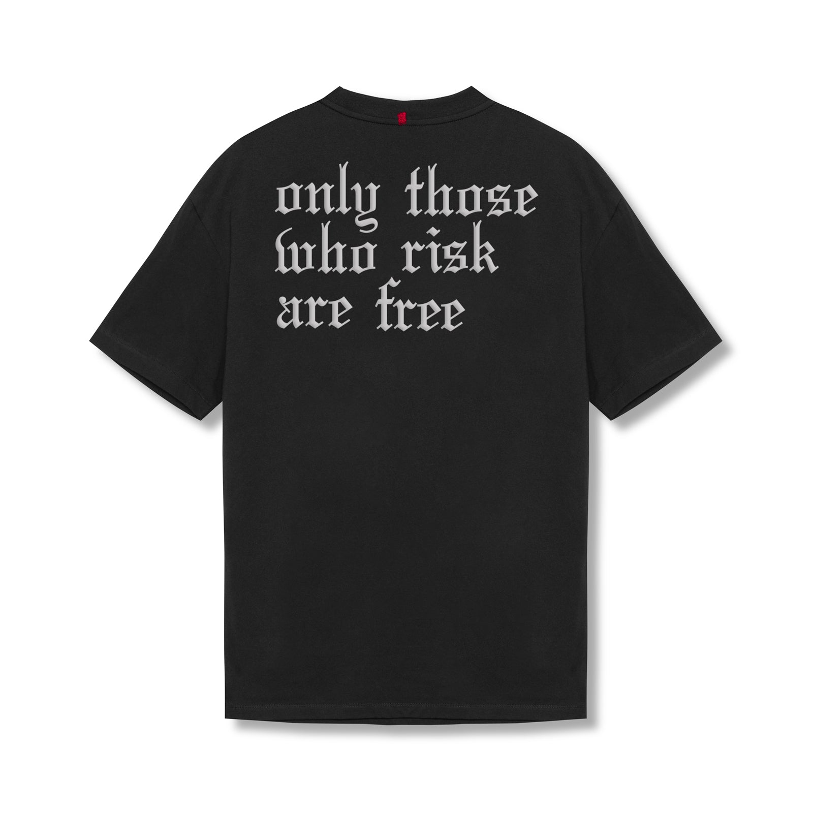 flatlay Tech Essential Relaxed Tee in black with white 'only those who risk are free' back graphic, front view