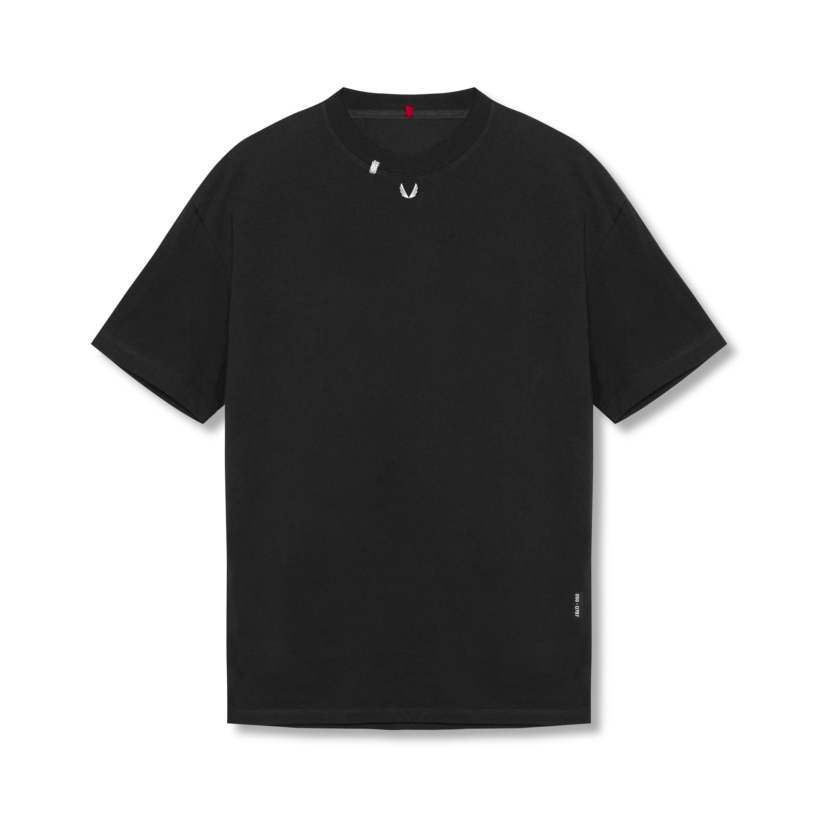 Flatlay of Tech Essential Relaxed Tee in black with white logo detail, front view