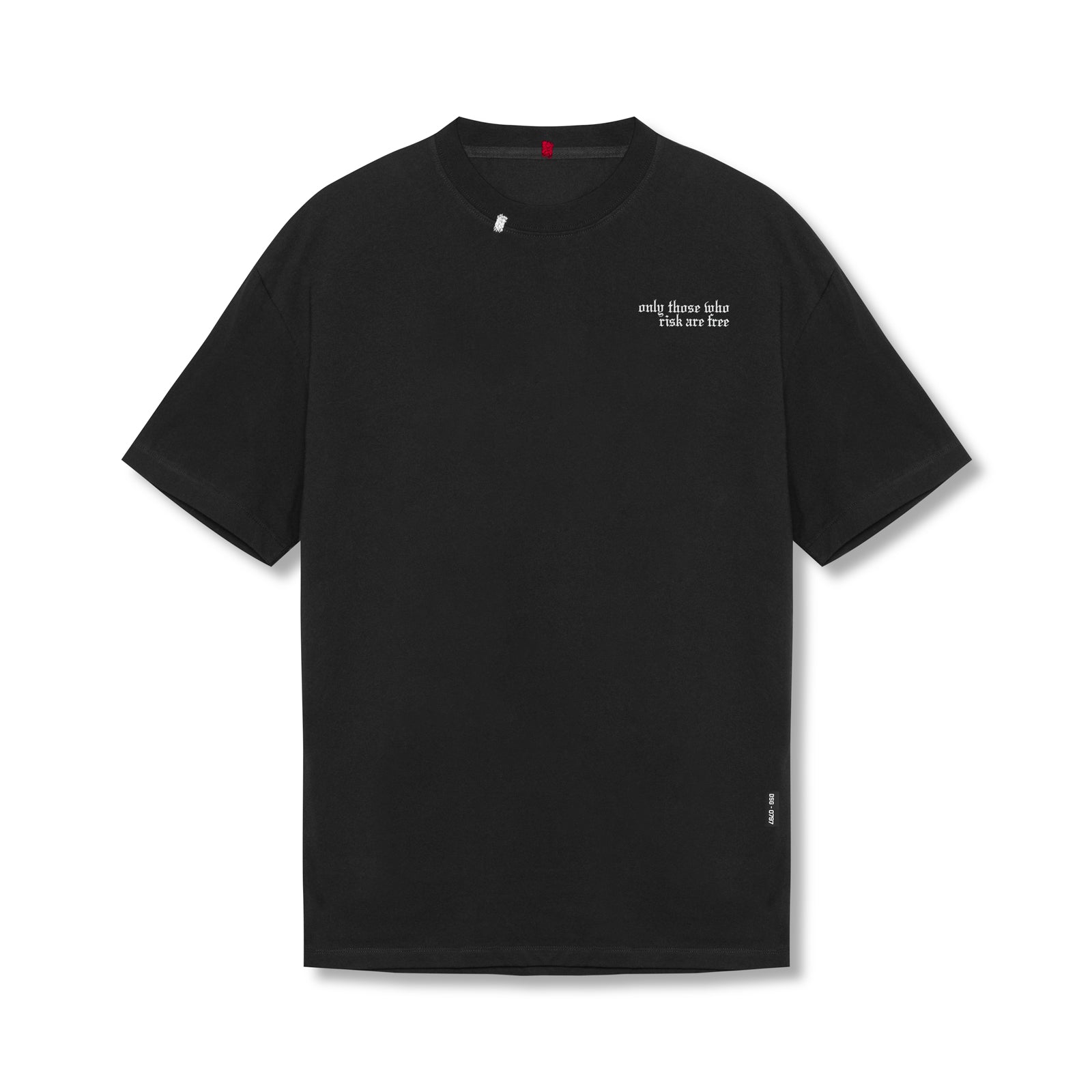 Flatlay of black Tech Essential Relaxed Tee with 'Brush Wings/ASRV' text on chest
