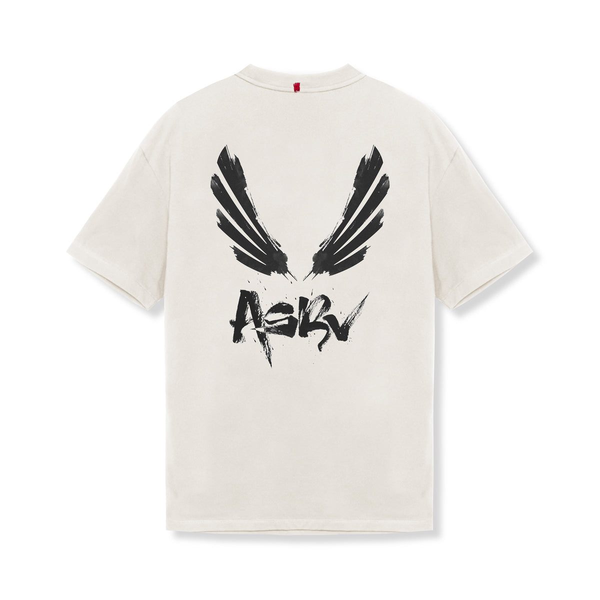 flatlay Tech Essential Relaxed Tee in stone with black brush wings graphic design, front view