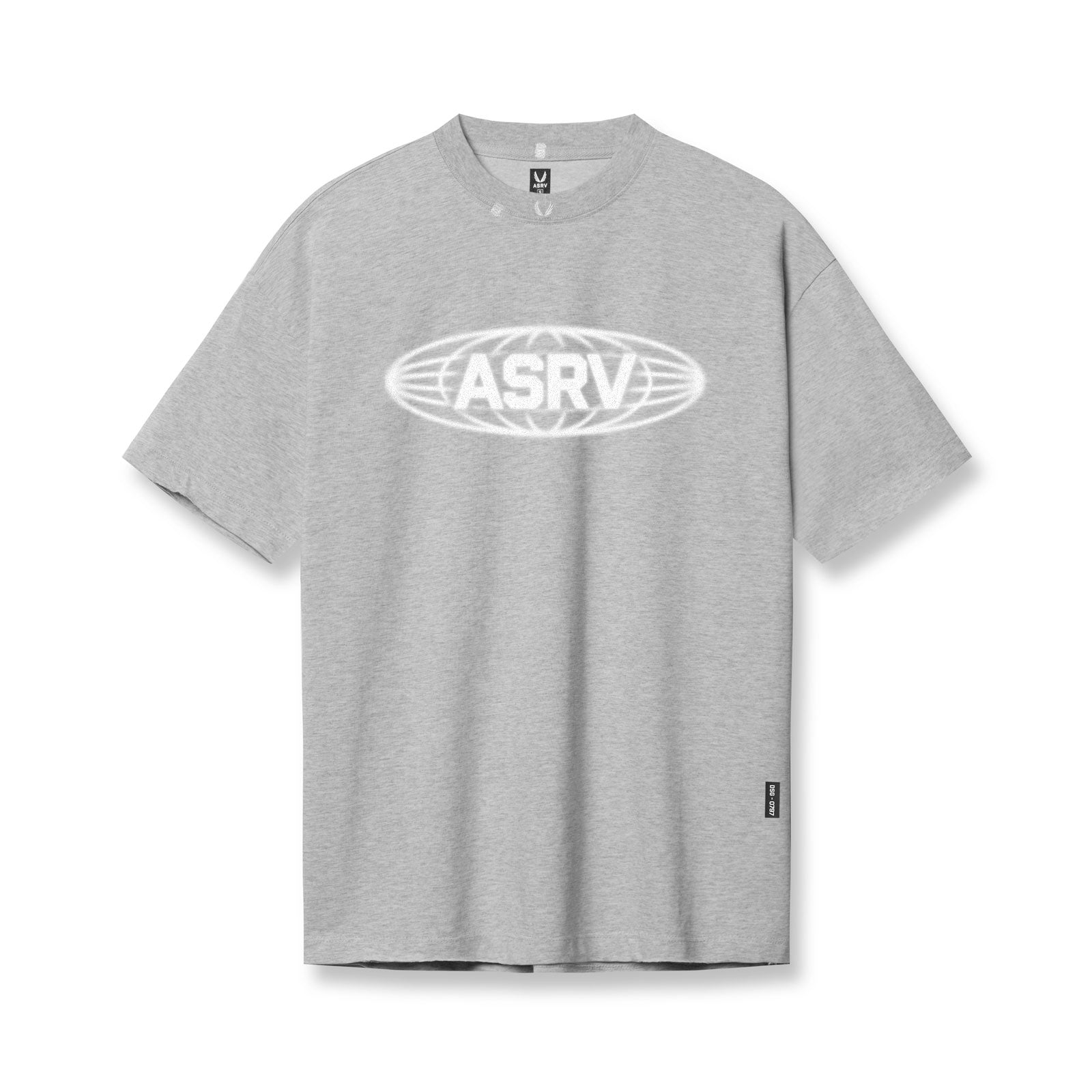 Flatlay of ASRV Tech Essential Relaxed Tee in heather grey with white oval logo print, front view