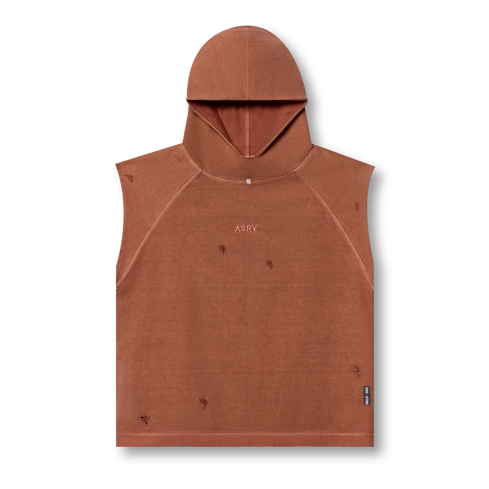 flatlay Tech Essential Cutoff Hoodie in faded rust, front view