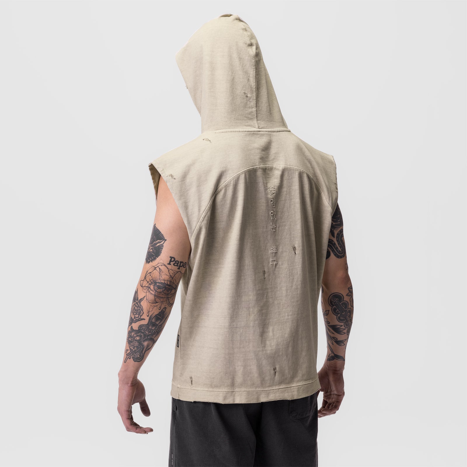Tech Essential™ Cutoff Hoodie in Faded Beige, rear view on model