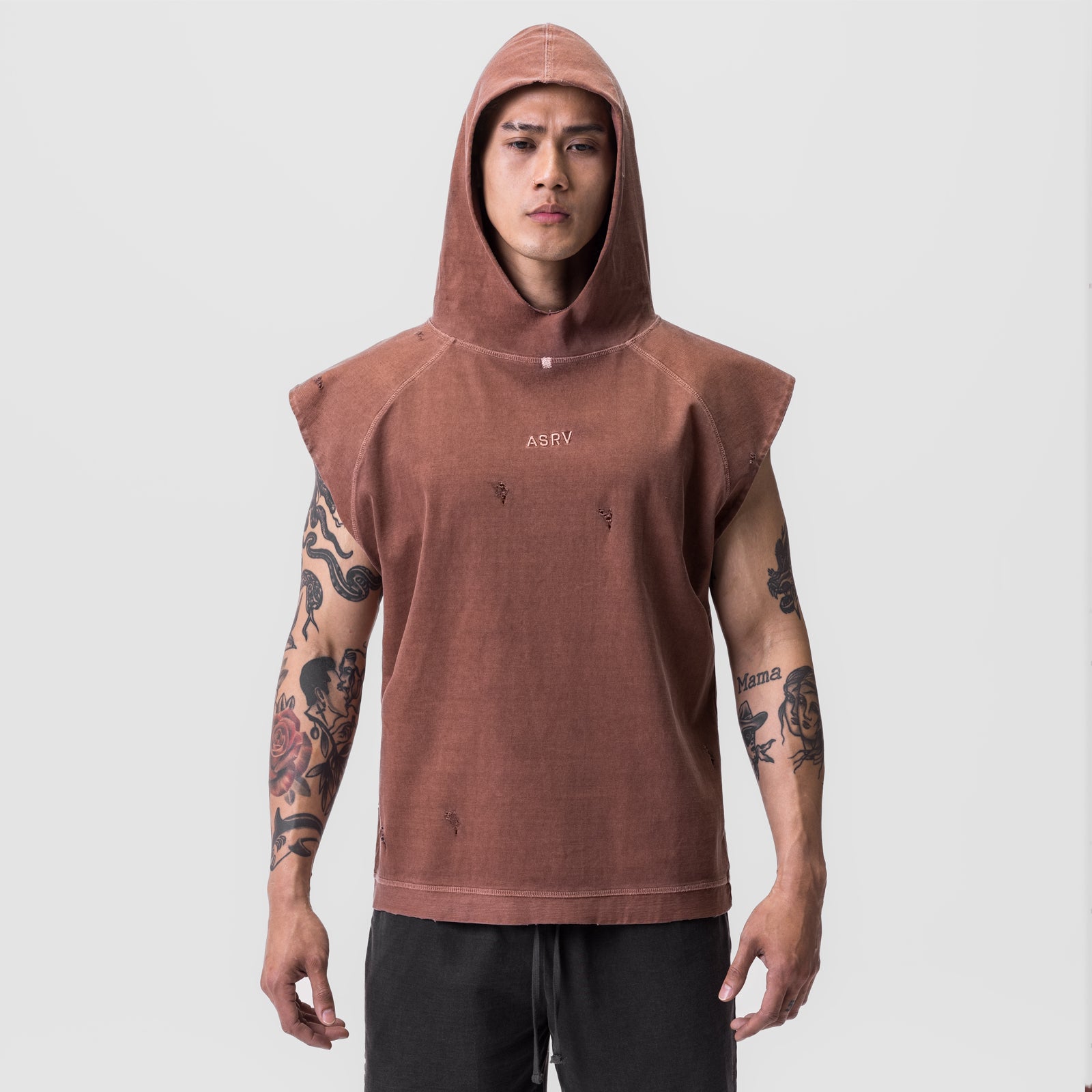 Tech Essential™ Cutoff Hoodie in faded brick worn by model, front view