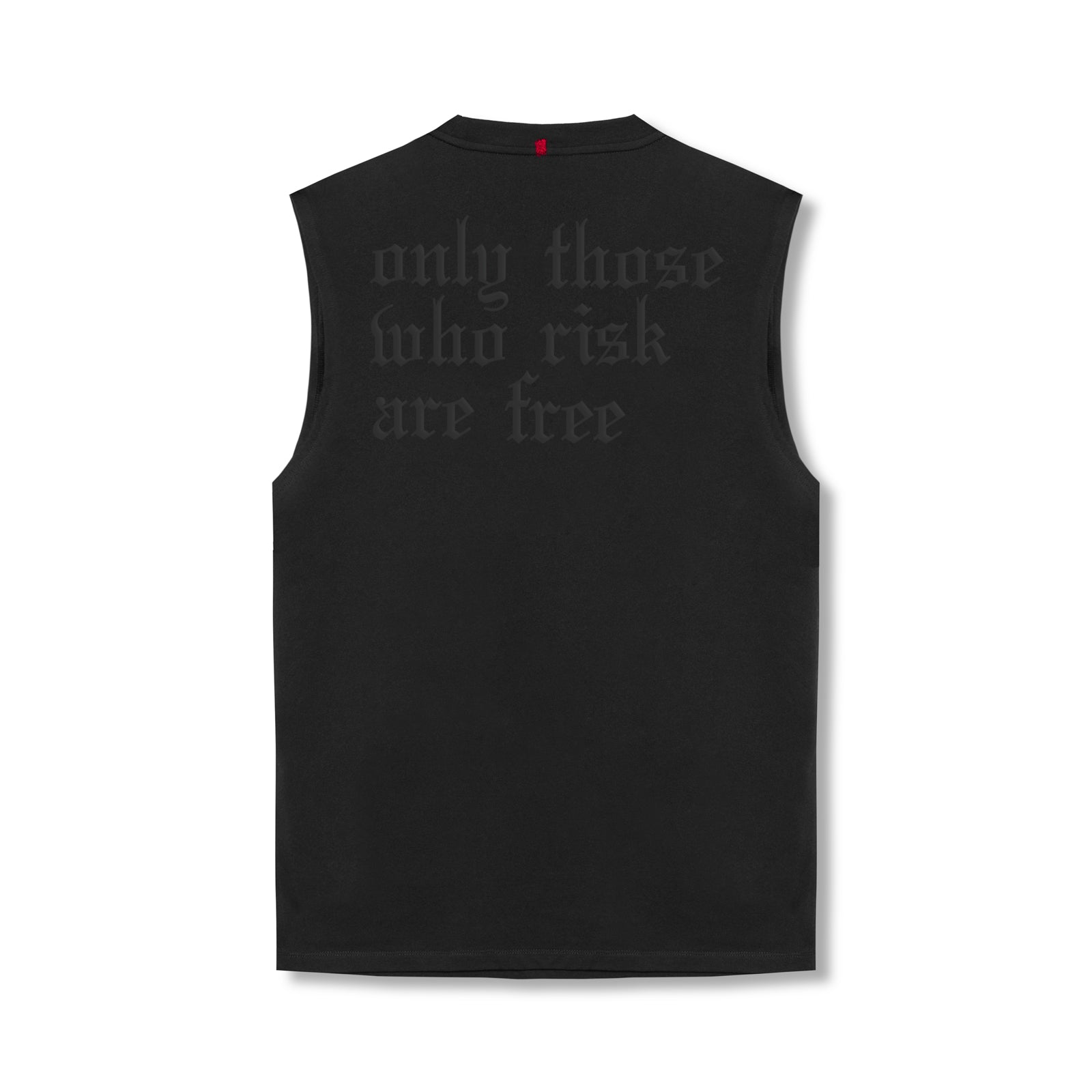 flatlay Tech Essential Relaxed Cutoff sleeveless tank in black, back view