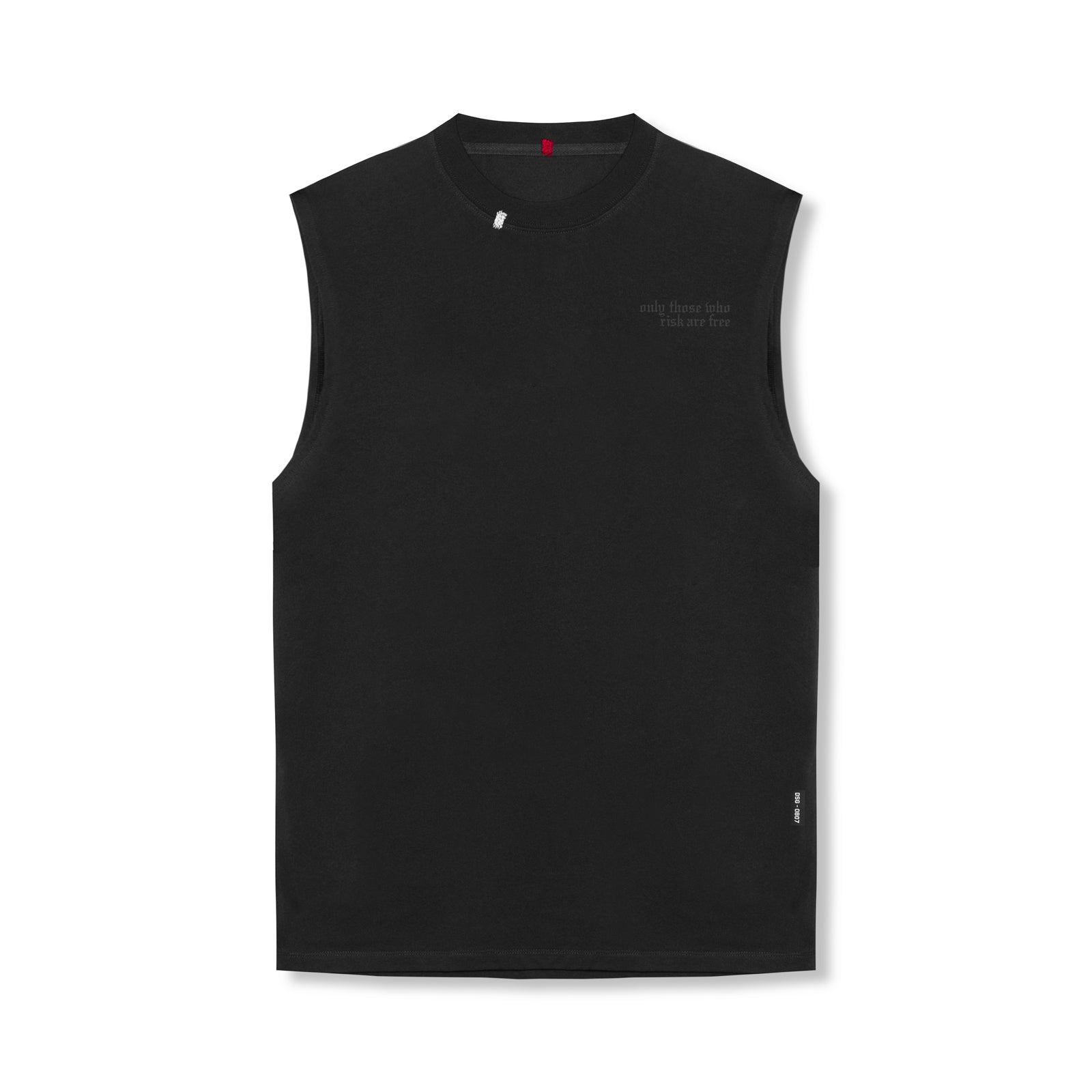 flatlay Tech Essential Relaxed Cutoff sleeveless tank in black, front view