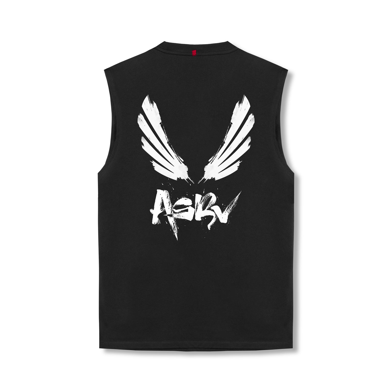 flatlay Tech Essential Relaxed Cutoff sleeveless shirt in black with white winged graphic, back view