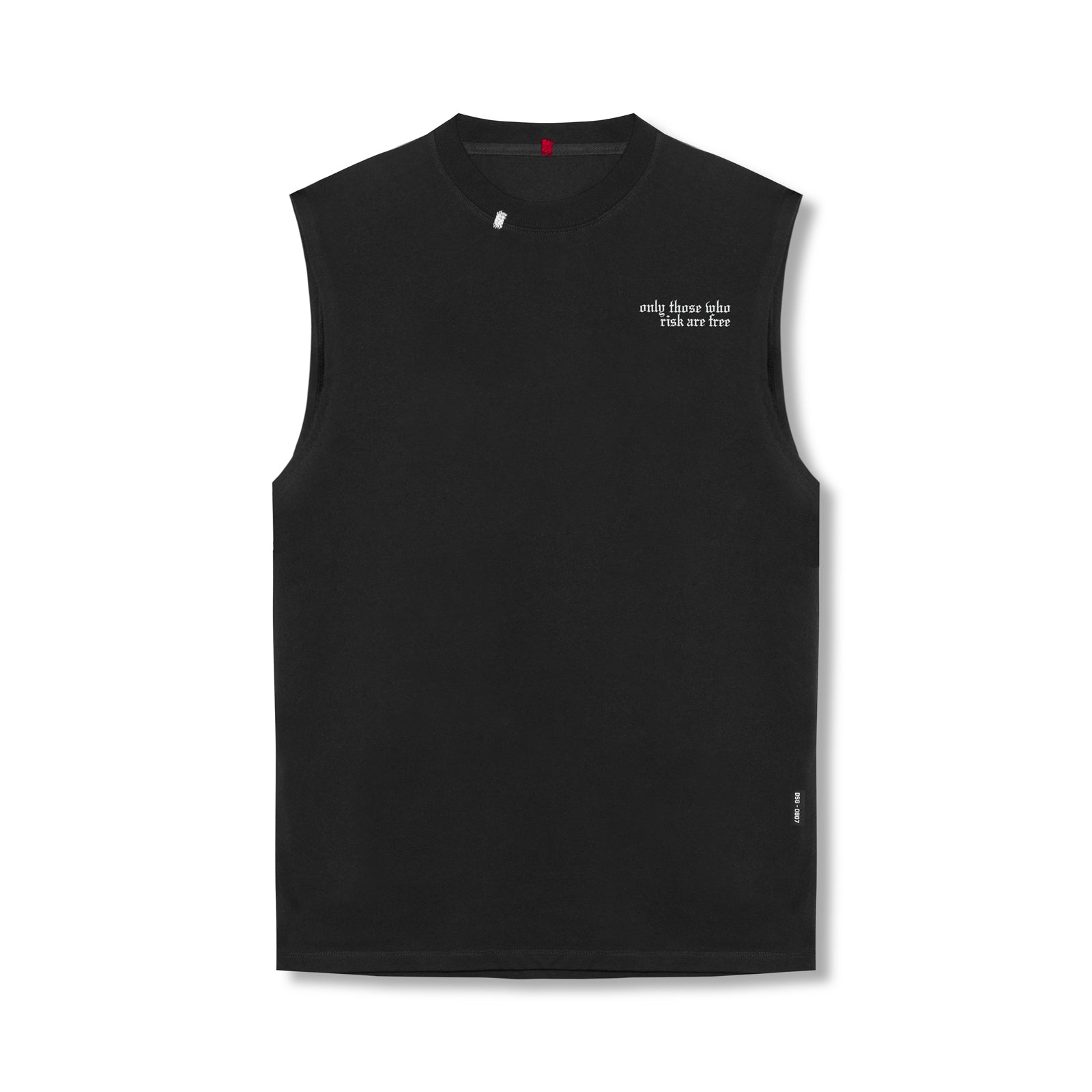 flatlay Tech Essential Relaxed Cutoff sleeveless tank in black, front view