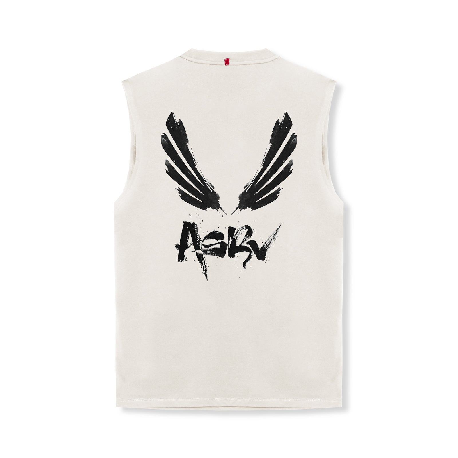 flatlay Tech Essential Relaxed Cutoff sleeveless tank in stone with black brush wings graphic, back view