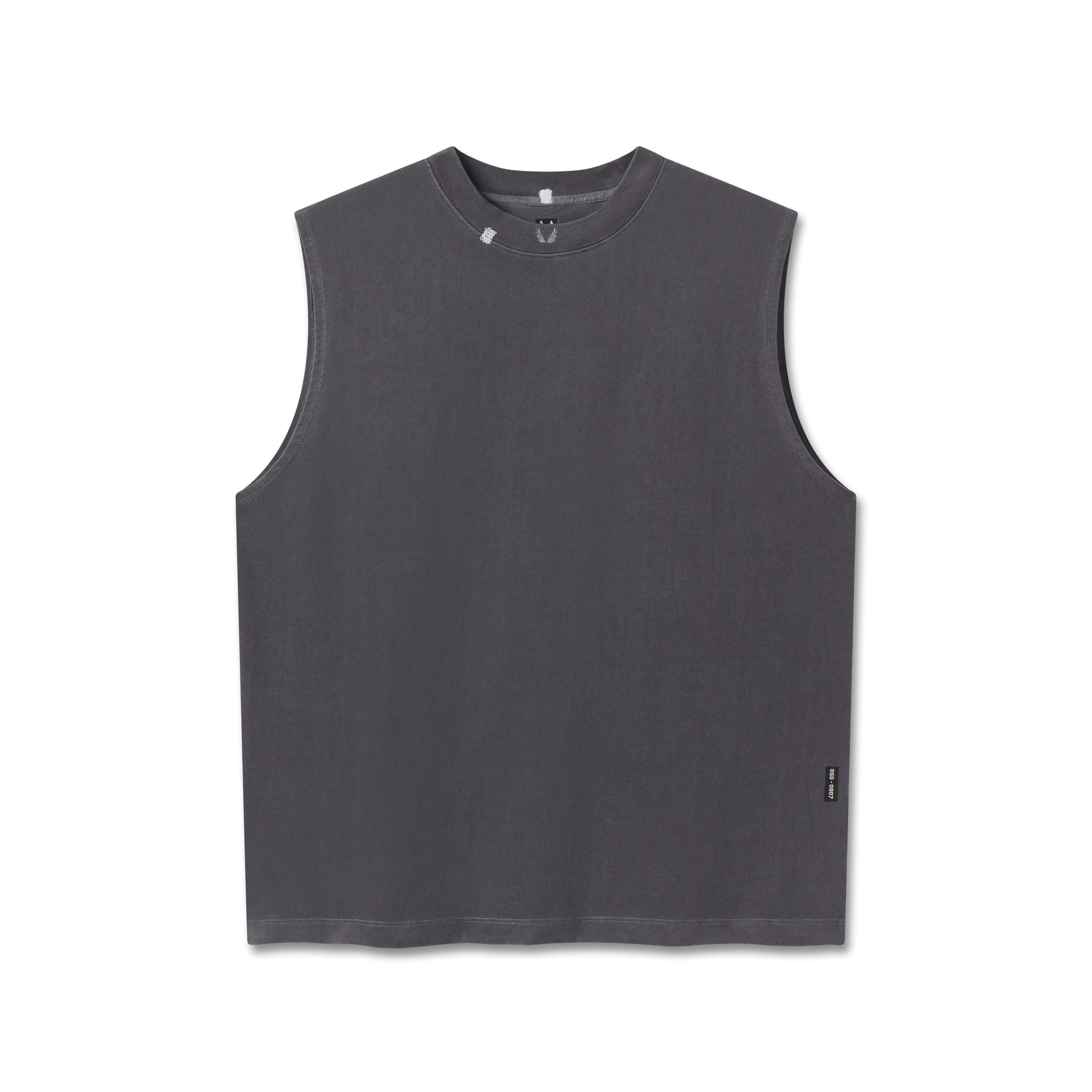 flatlay Tech Essential Relaxed Cutoff sleeveless tank in faded grey, front view