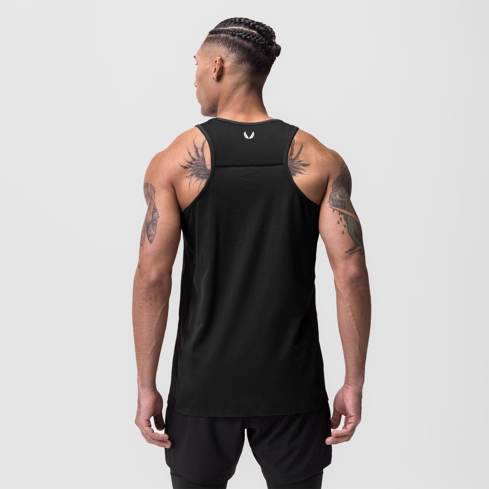 Black Supima® Mesh Panel Training Singlet worn by model, back view