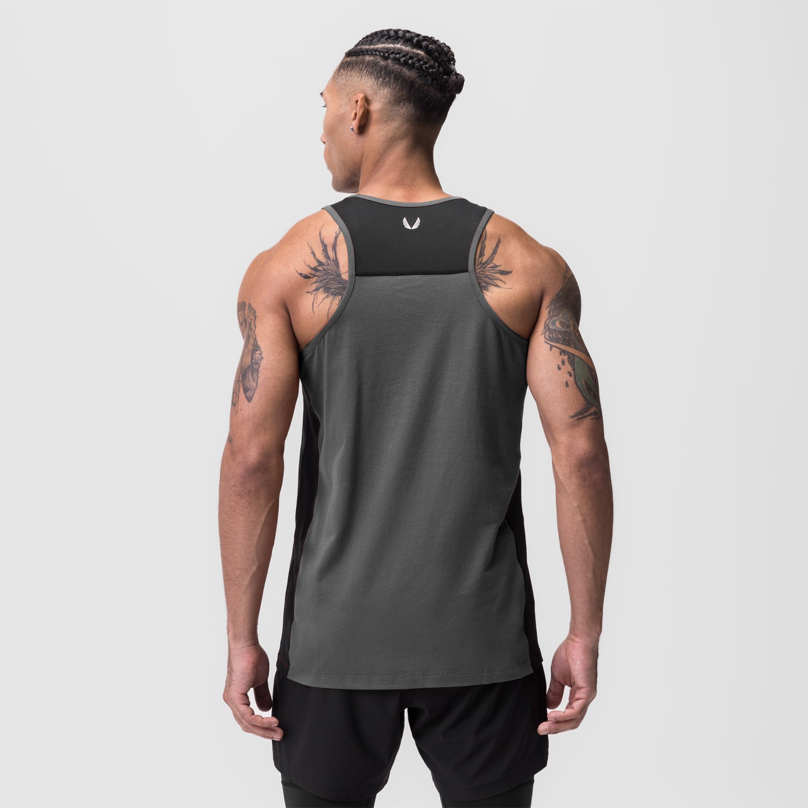 Supima® Mesh Panel Training Singlet in space grey, back view on model