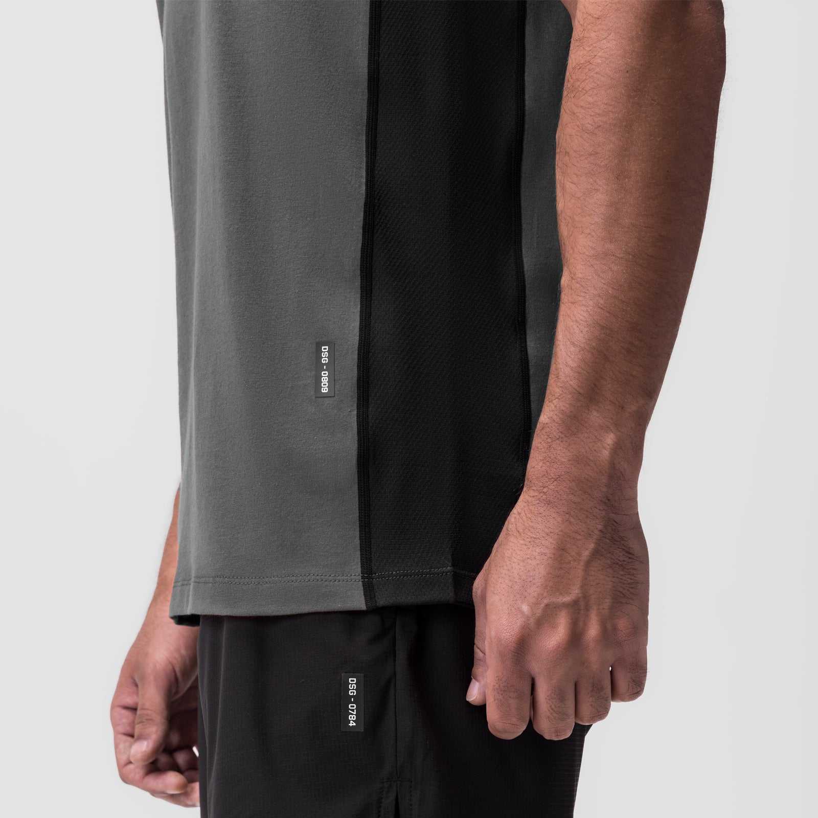 Supima® Mesh Panel Training Singlet in space grey and black, side view on model