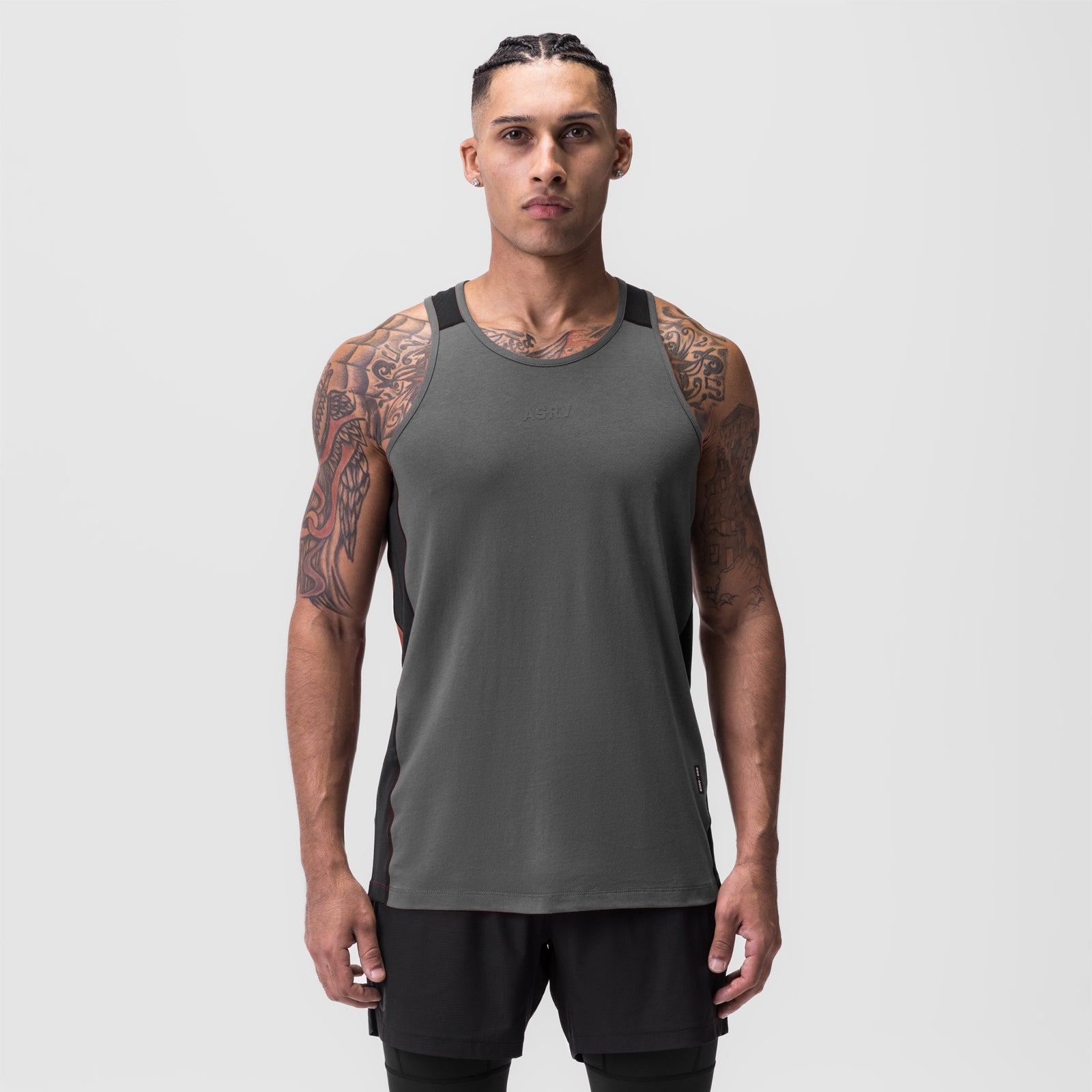 Supima® Mesh Panel Training Singlet in space grey, worn by model, front view