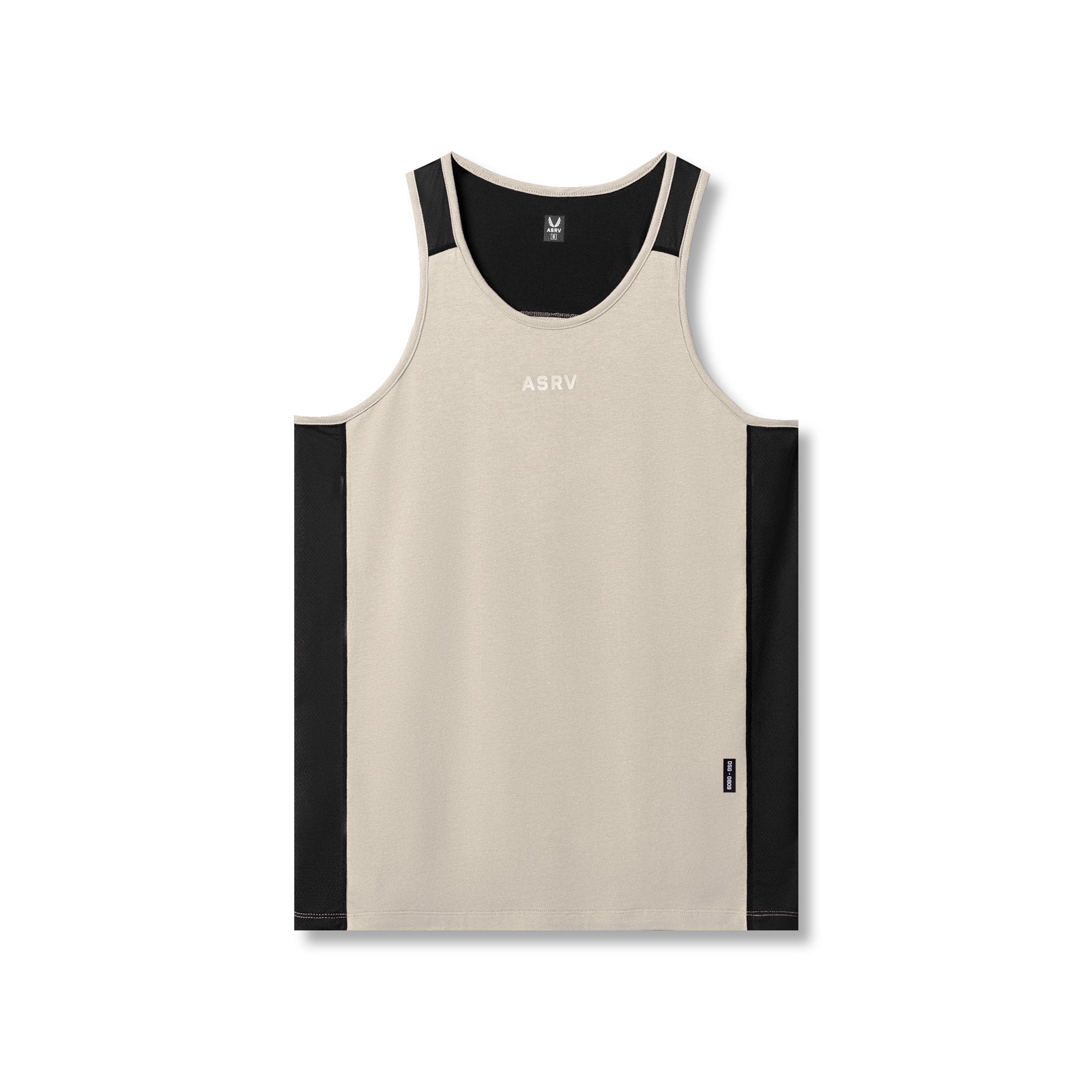 flatlay Supima® Mesh Panel Training Singlet in sand with black mesh panels, front view