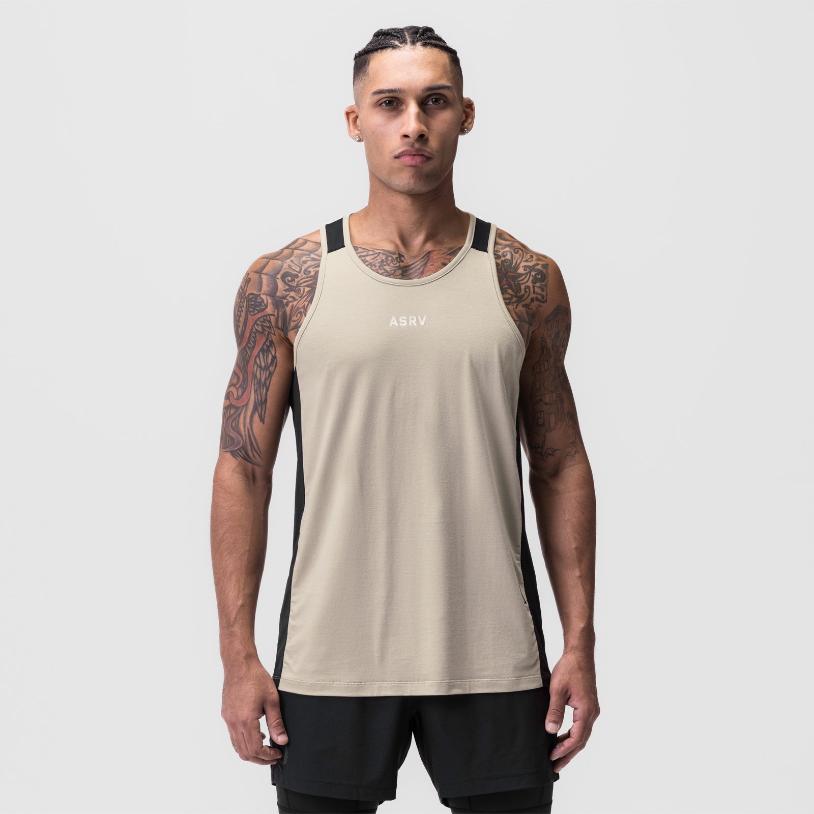 Supima® Mesh Panel Training Singlet in sand smoke worn by male model, front view