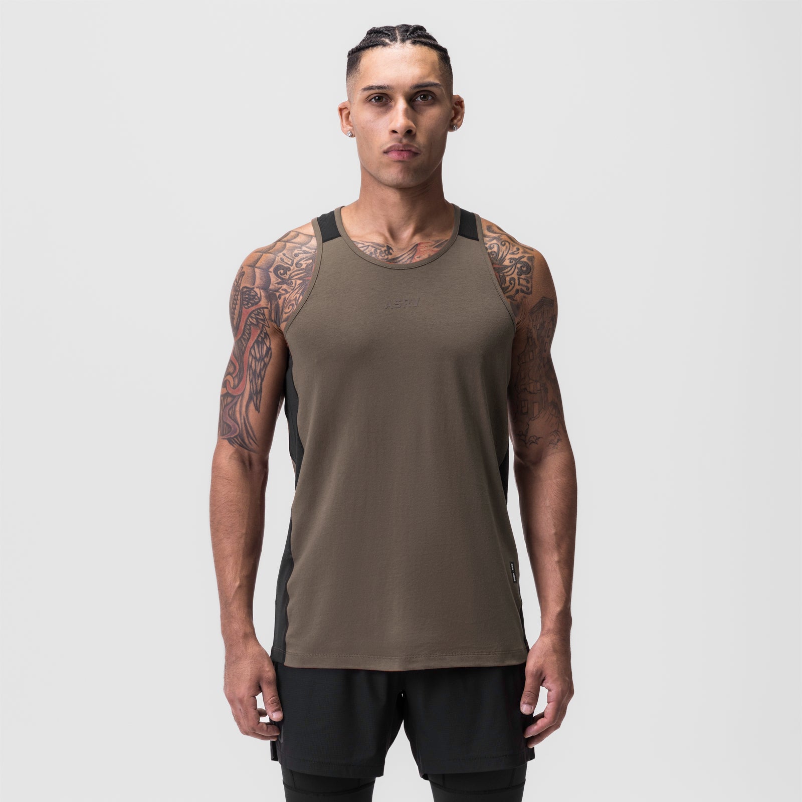 Supima® Mesh Panel Training Singlet in Deep Taupe, worn by model, front view