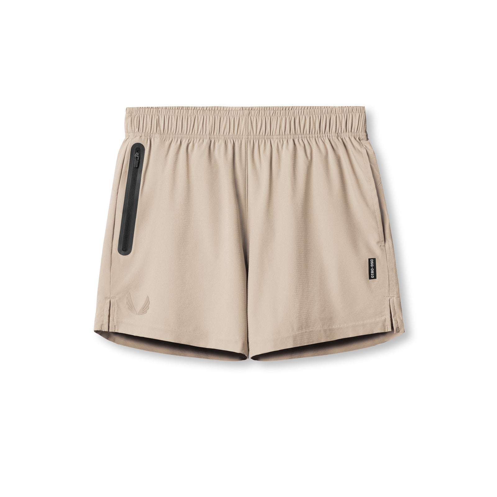 Flatlay of beige Ultralite 6" Linerless Short with black zipper pocket, front view