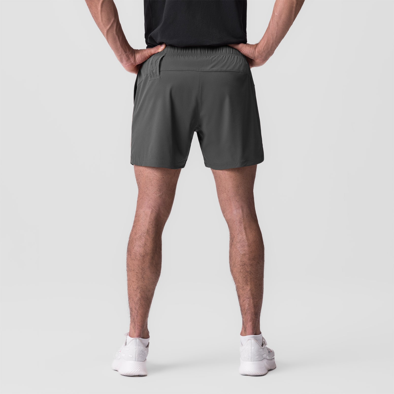 Ultralite 6" Linerless Short in Raven, back view on model