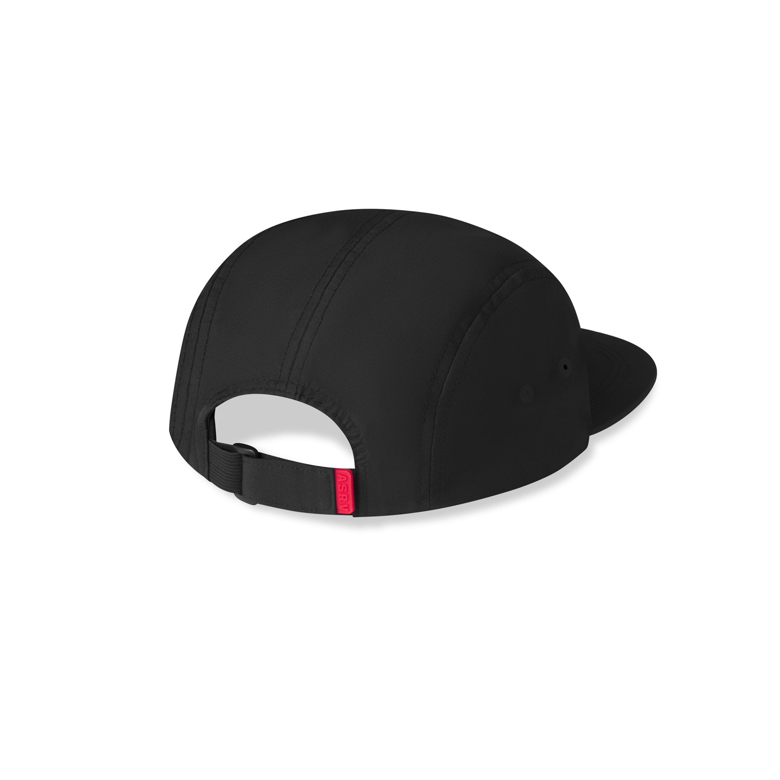 flatlay 0814. 5-Panel Run Cap in black, back view