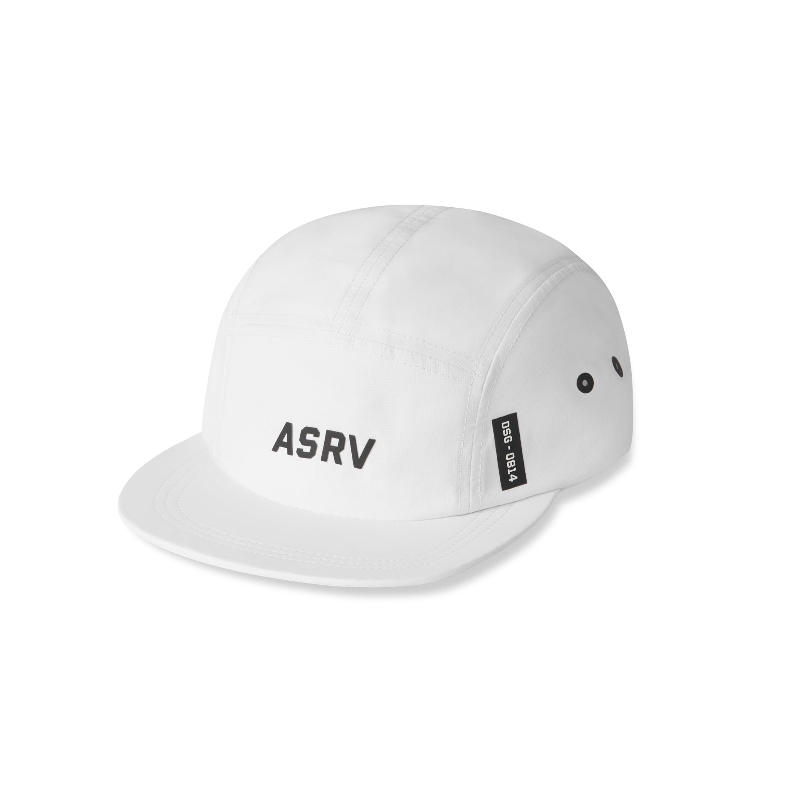 flatlay ASRV 0814 5-Panel Run Cap in white, angled top view