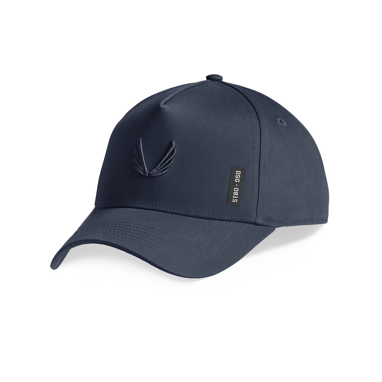 flatlay of 0815. A-Frame Hat in navy with embroidered wings logo, front angled view