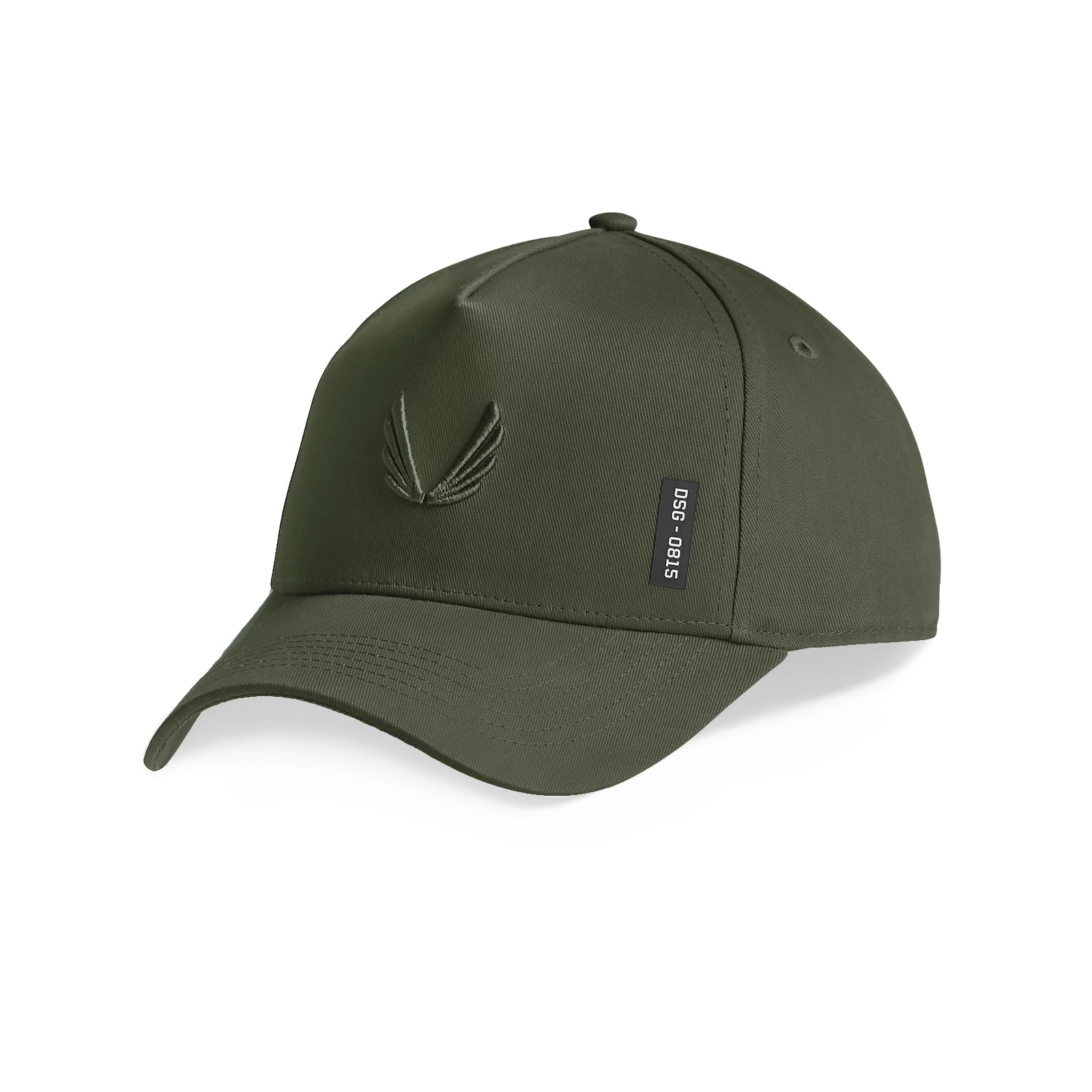 flatlay of 0815. A-Frame Hat in olive with embroidered wings logo, front three-quarter view