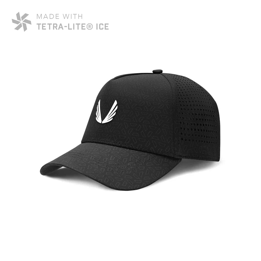 Flatlay of black Tetra-Lite® Ice A-Frame Hat with white wings logo, angled view