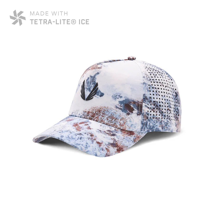 Flatlay of Tetra-Lite® Ice A-Frame Hat in blue and rust camo with perforated side panels