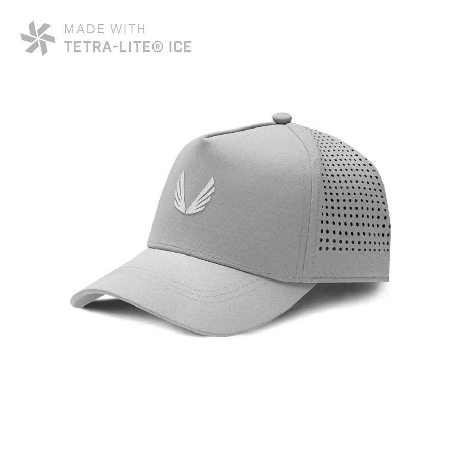 Flatlay of Tetra-Lite® Ice A-Frame Hat in slate grey with white wings logo, front three-quarter view