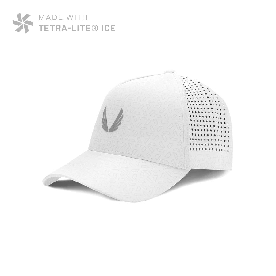 Flatlay of white Tetra-Lite® Ice A-Frame Hat with silver wings logo, front and side view