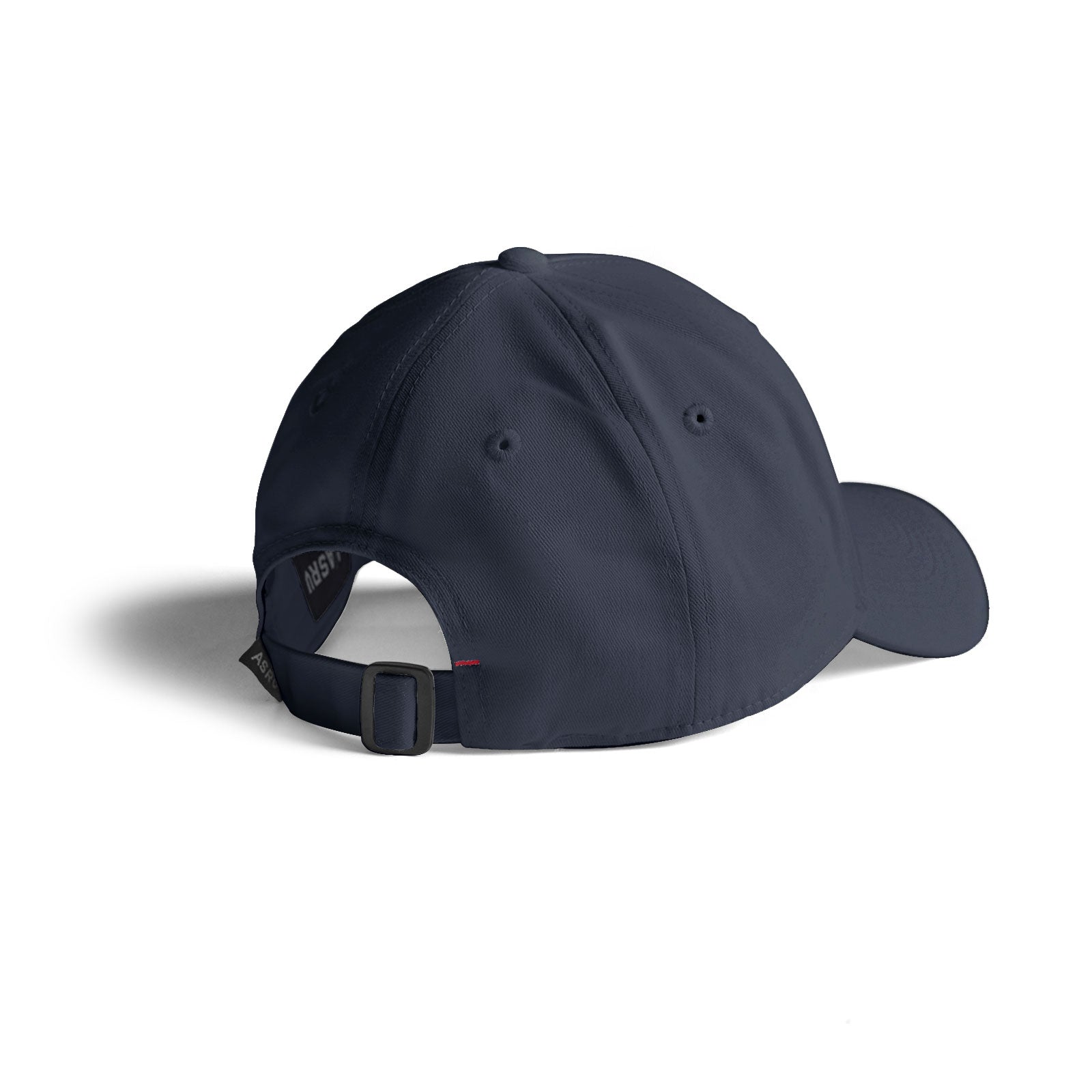 Navy sport cap with adjustable back strap, displayed at three-quarter angle