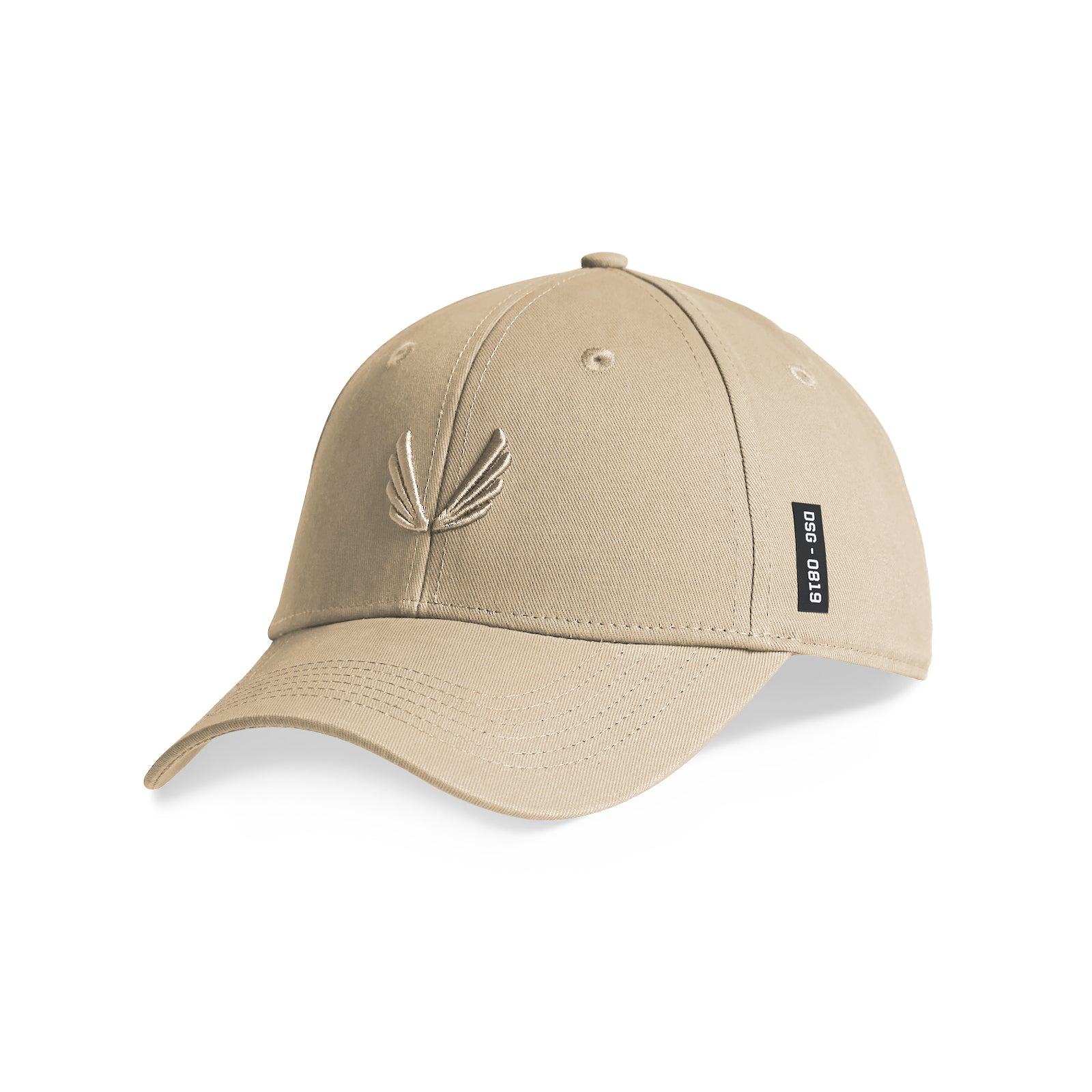 flatlay of khaki sport cap with embroidered wings logo, front angled view