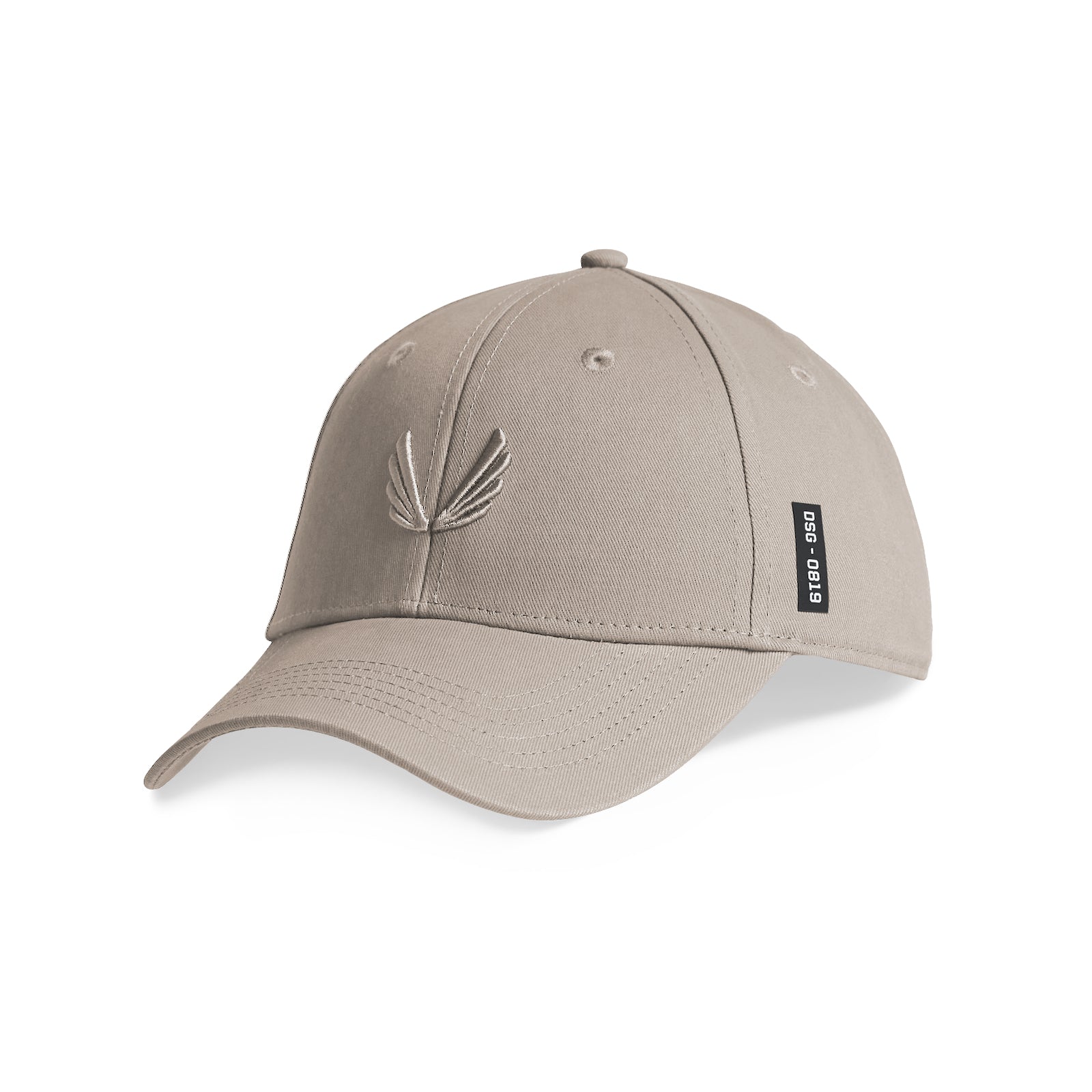 flatlay of 0819 Sport Cap in light taupe with embroidered wings logo, angled side view