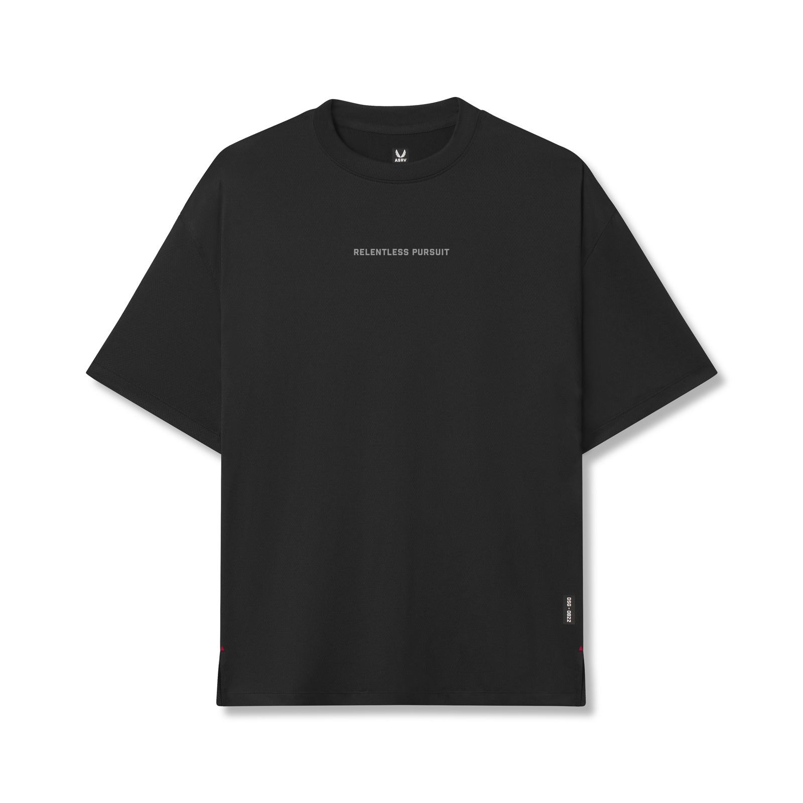 Flatlay of AeroSilver Oversized Tee in black with 'Relentless Pursuit' text, front view