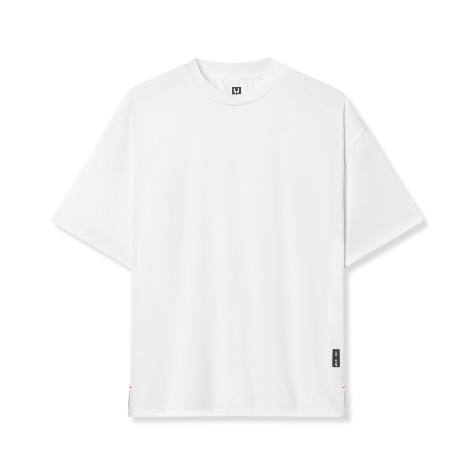 Flatlay of white AeroSilver Oversized Tee against white background, front view