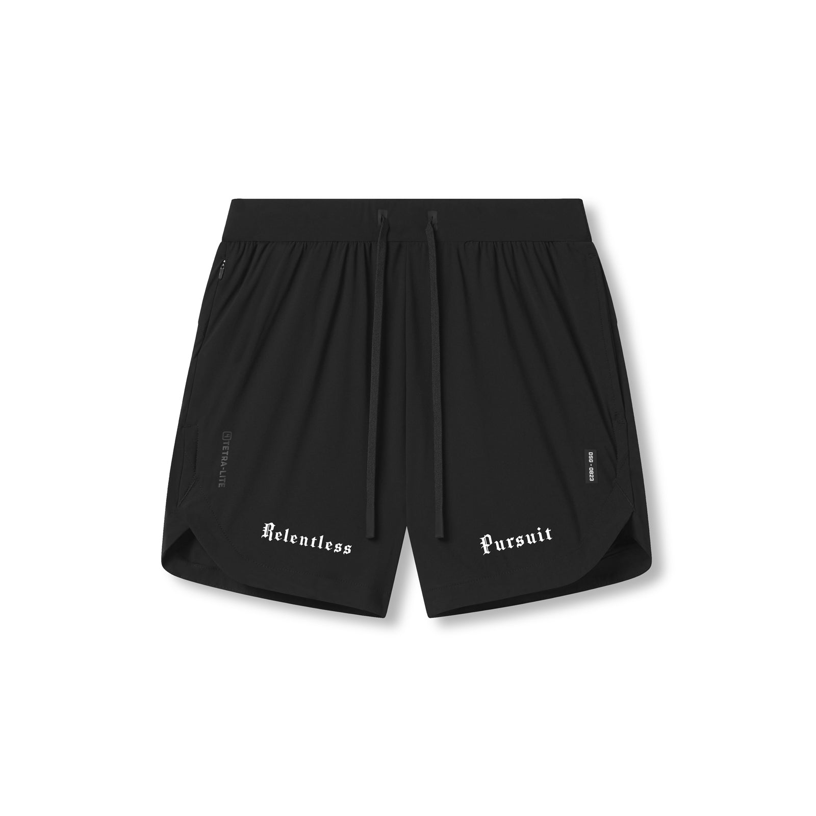 Flatlay of black Tetra-Lite 7" linerless shorts with 'Relentless Pursuit' text, front view