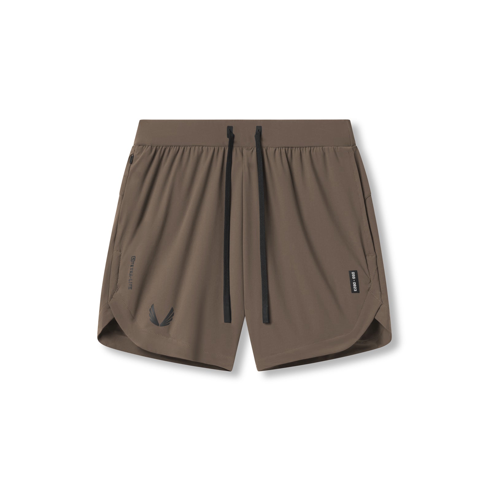flatlay Tetra-Lite 7" Linerless Short in deep taupe with Wings logo, front view
